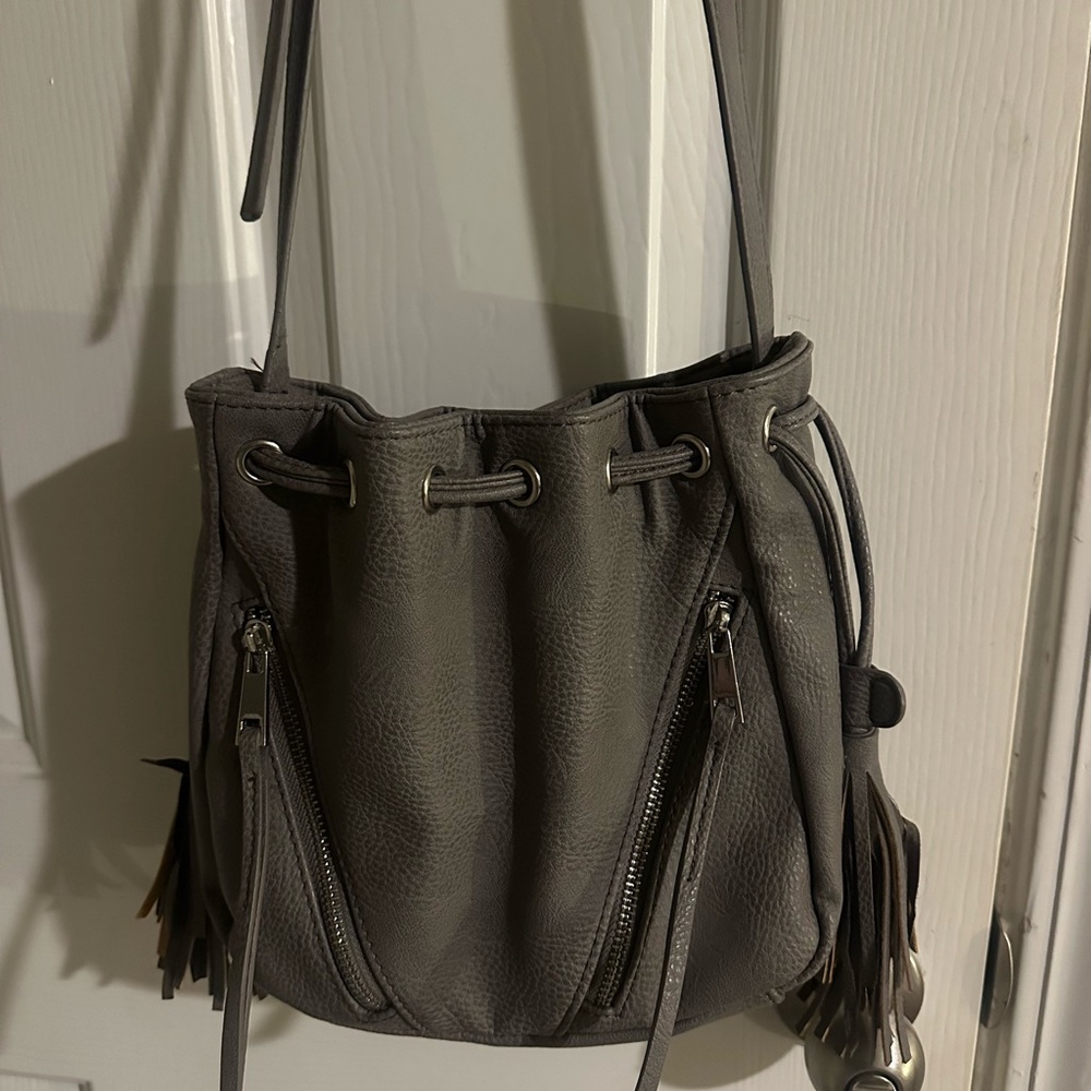 Gray Leather Drawstring Bag
